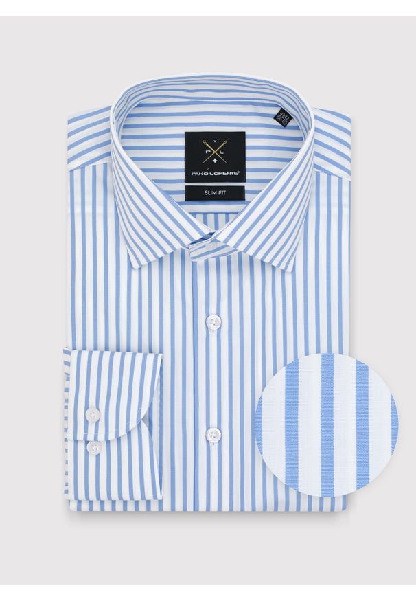 Pako Lorente - PAKO LORENTE – Bawełniana koszula męska w niebieskie paski. Kolor: niebieski. Materiał: bawełna. Długość rękawa: długi rękaw. Długość: długie. Wzór: paski
