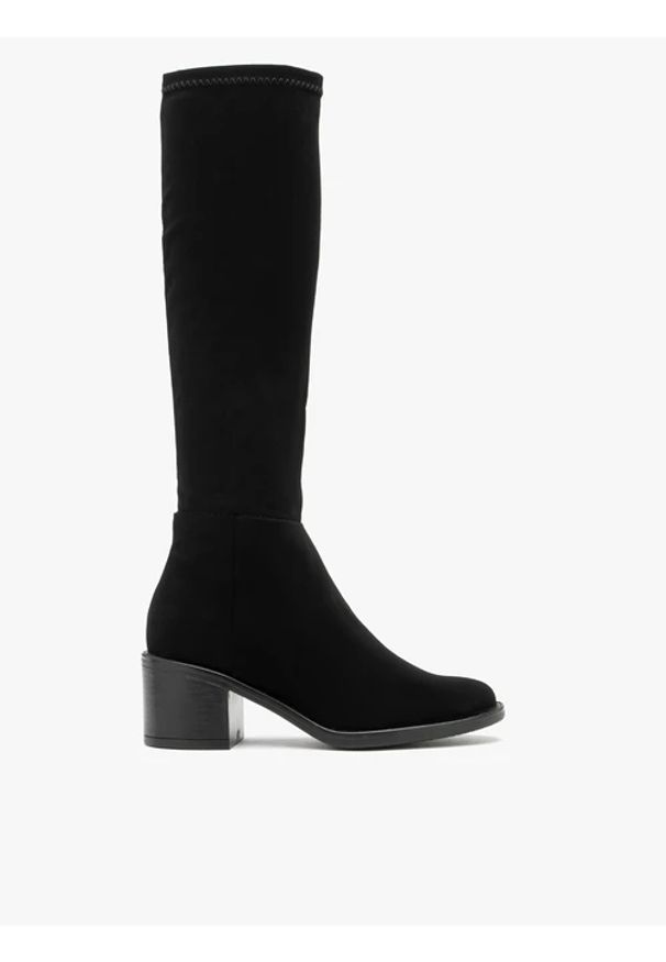 Ryłko - Elastyczne kozaki z wąską cholewką. Nosek buta: okrągły. Zapięcie: zamek. Kolor: czarny. Materiał: syntetyk. Szerokość cholewki: wąska. Obcas: na obcasie. Styl: street. Wysokość obcasa: średni