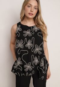 Born2be - Czarny Rustykalny Komplet z Wiskozy i Lnu Spodnie i Bluzka z Haftem Acalerodia. Kolor: czarny. Materiał: wiskoza, len. Wzór: haft #7