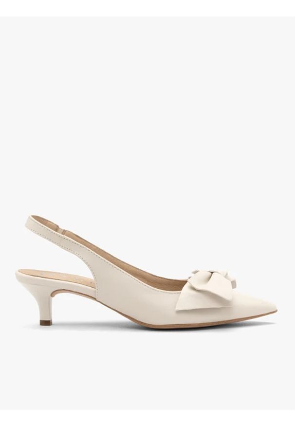 Ryłko - Kremowe czółenka damskie slingback na kaczuszce. Kolor: beżowy. Materiał: skóra. Obcas: na szpilce. Styl: street, klasyczny, elegancki. Wysokość obcasa: średni