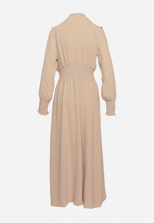 Born2be - Beżowa Rozkloszowana Sukienka Maxi Wiązana przy Dekolcie Ozdobiona Falbankami Nuteki. Typ kołnierza: kołnierz z falbankami. Kolor: beżowy. Wzór: aplikacja. Styl: elegancki. Długość: maxi