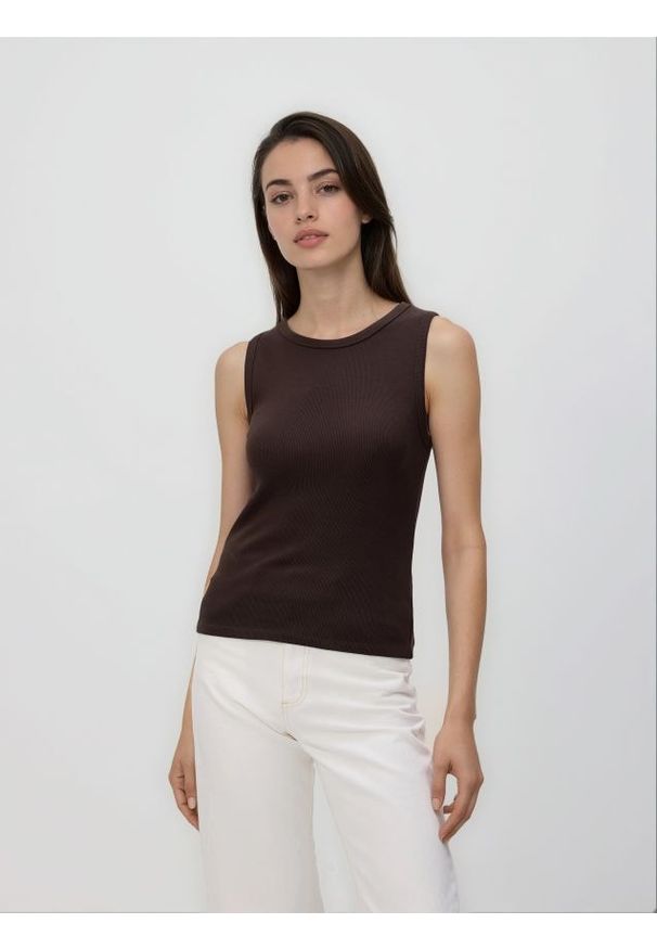 Reserved - Bawełniany top - ciemnobrązowy. Kolor: brązowy. Materiał: bawełna