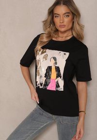 Renee - Czarny T-shirt Oversize z Bawełny z Ozdobnym Nadrukiem Danilna. Kolor: czarny. Materiał: bawełna. Wzór: nadruk #4