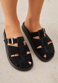 Renee - Czarne Klapki z Zakrytym Noskiem i Ozdobnymi Paskami z Klamerką Themine. Kolor: czarny. Materiał: nubuk, koronka. Sezon: lato #8