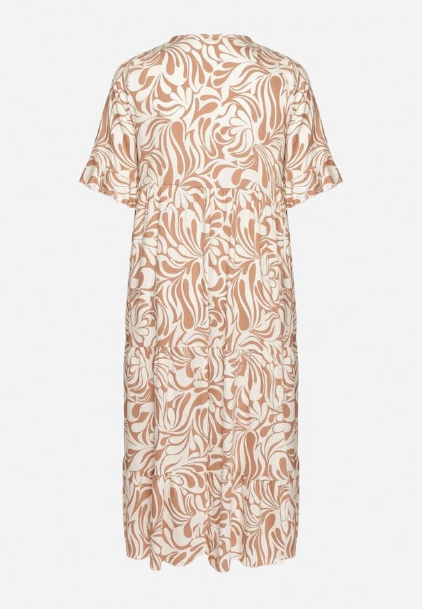 Born2be - Ciemnobeżowa Sukienka z Wiskozy o Prostym Kroju z Wiązaniem w Roślinny Wzór Edirania. Okazja: na co dzień. Typ kołnierza: dekolt w serek. Kolekcja: plus size. Kolor: beżowy. Wzór: aplikacja. Typ sukienki: proste. Materiał: wiskoza. Długość rękawa: krótki rękaw. Styl: klasyczny, casual, elegancki