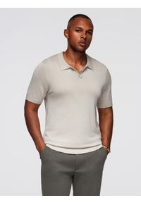 Ombre Clothing - Męska koszulka polo bez guzików z klasycznym splotem – jasnobeżowa V3 - Rozmiar: S. Typ kołnierza: polo. Kolor: beżowy. Materiał: wiskoza, dzianina, materiał, elastan, nylon. Wzór: ze splotem. Styl: klasyczny