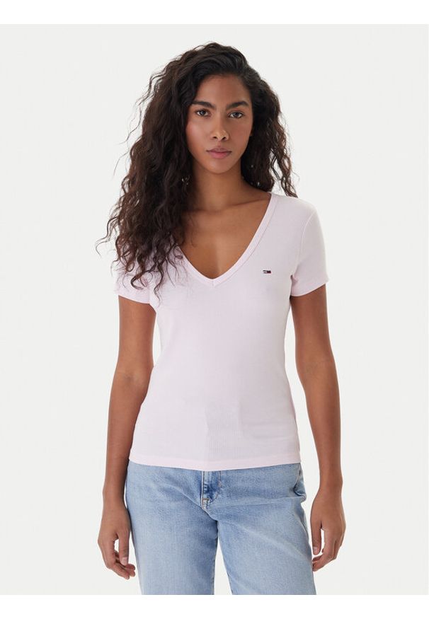 Tommy Jeans T-Shirt Essential DW0DW17385 Różowy Slim Fit. Kolor: różowy. Materiał: bawełna