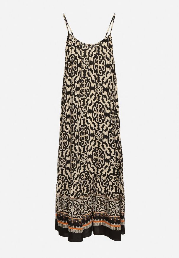 Born2be - Czarno-Beżowa Bawełniana Sukienka o Rozkloszowanym Kroju na Cienkich Ramiączkach Nellarra. Kolor: czarny. Materiał: bawełna. Długość rękawa: na ramiączkach. Sezon: lato. Styl: elegancki