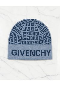 Givenchy - GIVENCHY - Wełniana czapka beanie z niebieskim logo. Kolor: niebieski. Materiał: wełna. Wzór: napisy, aplikacja