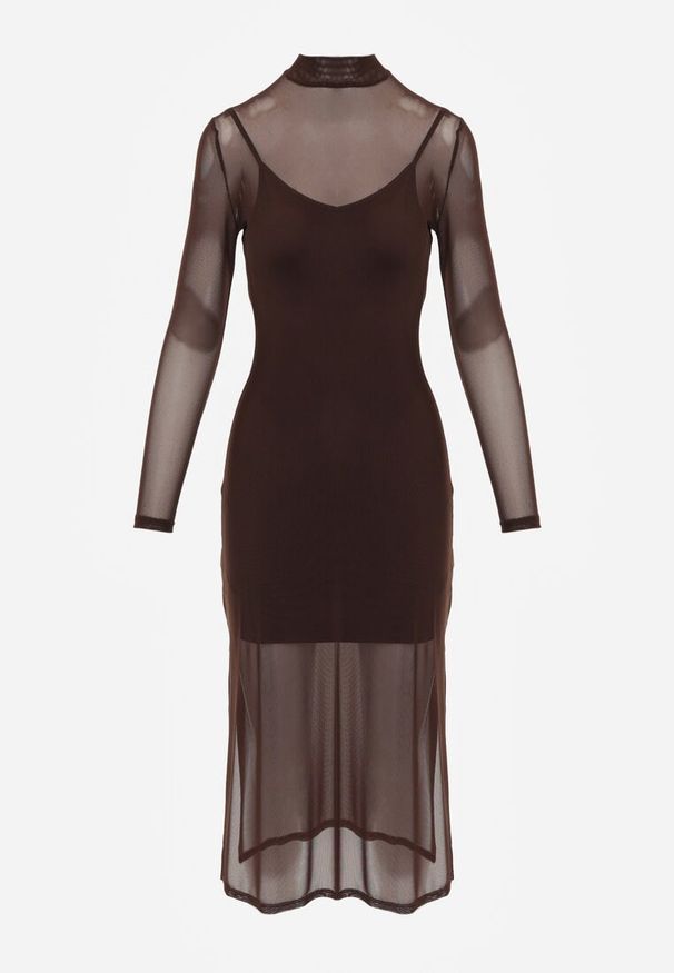 Renee - Brązowa Prześwitująca Sukienka Dzianinowa Midi z Halką Bavina. Kolor: brązowy. Materiał: dzianina. Długość rękawa: na ramiączkach. Typ sukienki: dopasowane. Styl: elegancki. Długość: midi