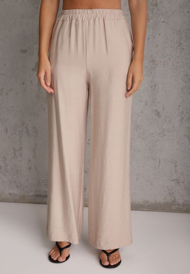 Renee - Beżowy Wiskozowy Komplet na Lato Koszula Ściągana w Talii i Spodnie Wide Leg Acelle. Kolor: beżowy. Materiał: wiskoza