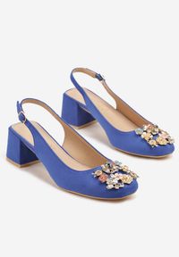 Renee - Niebieskie Sandały Vices na Słupku Slingback ze Skórzaną Wkładką i Cyrkoniami Nimirune. Okazja: na co dzień. Zapięcie: sprzączka. Kolor: niebieski. Materiał: skóra. Wzór: aplikacja. Obcas: na słupku. Styl: casual. Wysokość obcasa: średni #3