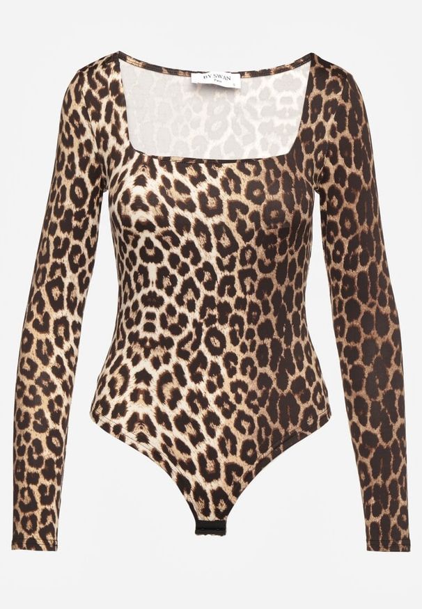 Renee - Brązowe Body w Panterkę z Kwadratowym Dekoltem i Długim Rękawem Gazzla. Typ kołnierza: dekolt kwadratowy. Kolor: brązowy. Długość rękawa: długi rękaw. Długość: długie. Wzór: motyw zwierzęcy