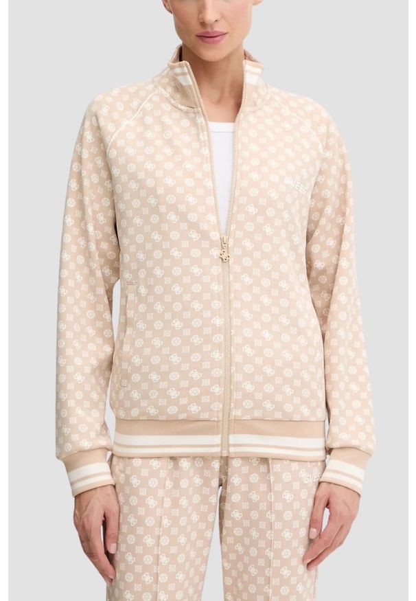 Guess - GUESS Beżowa rozpinana damska bluza w monogram Aggie, Rozmiar S. Okazja: na co dzień. Kolor: beżowy. Styl: elegancki, casual, sportowy