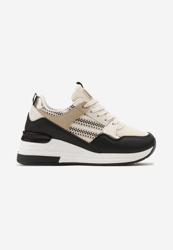 Renee - Beżowo-Czarne Sneakersy z Niskim Koturnem i Ozdobnymi Wstawkami Ysabeltia. Nosek buta: okrągły. Zapięcie: sznurówki. Kolor: beżowy. Materiał: materiał. Obcas: na koturnie. Wysokość obcasa: niski