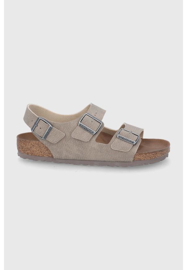 Birkenstock sandały Milano męskie kolor szary. Zapięcie: klamry. Kolor: szary. Materiał: materiał. Wzór: gładki. Obcas: na obcasie. Wysokość obcasa: niski