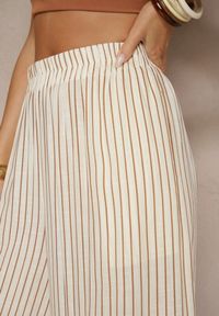 Renee - Beżowo-Brązowe Szerokie Spodnie High Waist w Paski z Bawełny Silorea. Okazja: na co dzień. Stan: podwyższony. Kolor: beżowy. Materiał: bawełna. Wzór: paski. Styl: elegancki, casual #4