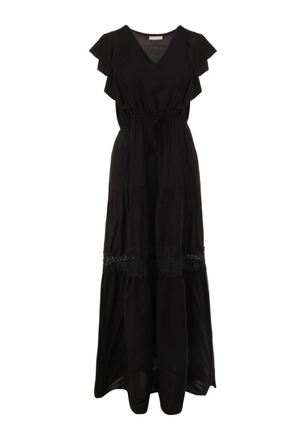 Born2be - Czarna Sukienka Cileis. Typ kołnierza: kołnierz z falbankami. Kolor: czarny. Materiał: wiskoza, koronka. Długość rękawa: krótki rękaw. Wzór: geometria. Długość: maxi