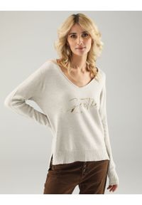 Unisono - BEŻOWY SWETER Z NAPISAMI 141-M102 BEIGE. Kolor: beżowy. Materiał: poliester, poliamid, wiskoza, kaszmir. Wzór: napisy