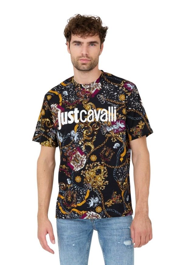 Just Cavalli - JUST CAVALLI Czarny męski T-shirt R Print Iconic Shields, Rozmiar XL. Kolor: czarny. Wzór: nadruk