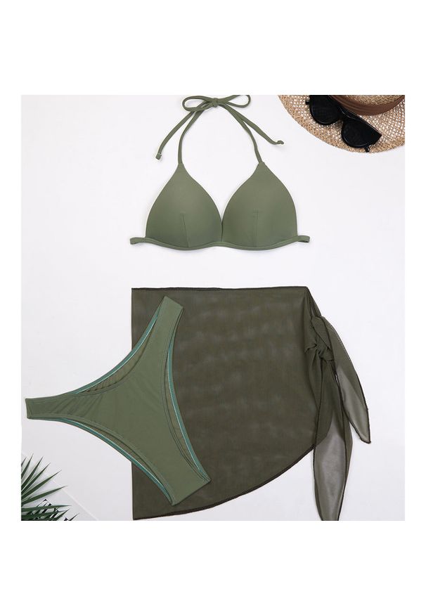 Intica - Bikini z pareo na plażę i basen Gretta. Kolor: zielony. Materiał: materiał. Wzór: gładki