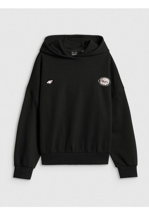 4f - 4F Bluza dresowa oversize z kapturem damska - czarna S. Okazja: na co dzień. Typ kołnierza: kaptur. Kolor: czarny. Materiał: dresówka. Długość: długie. Styl: sportowy, casual
