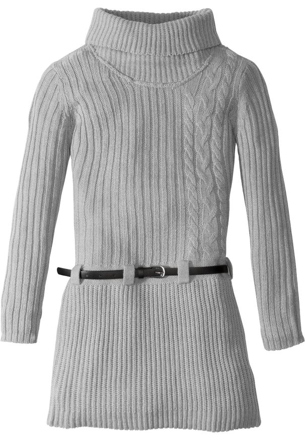 bonprix - Sukienka dzianinowa z paskiem (2 części). Typ kołnierza: golf. Kolor: szary. Materiał: dzianina. Styl: elegancki