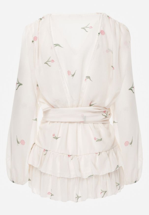 Born2be - Beżowy Szyfonowy Kombinezon z Falbanami i Wiązaniem w Pasie Rovenda. Okazja: na co dzień. Kolor: beżowy. Materiał: szyfon. Styl: casual, elegancki