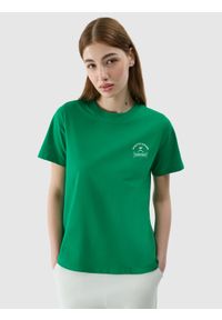 4f - T-shirt regular z nadrukiem damski - zielony. Okazja: na co dzień. Kolor: zielony. Materiał: bawełna, dzianina, jersey. Długość rękawa: krótki rękaw. Długość: krótkie. Wzór: nadruk. Sezon: lato. Styl: casual, klasyczny, sportowy #1