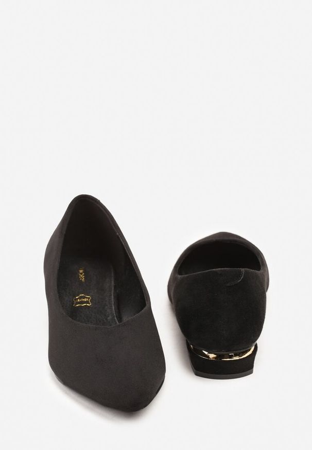 Renee - Czarne Czółenka Balerinki Vices z Noskiem w Szpic i Skórzaną Wkładką Falennea. Okazja: na co dzień. Nosek buta: szpiczasty. Kolor: czarny. Materiał: skóra. Wzór: aplikacja. Obcas: na obcasie. Styl: klasyczny, casual, elegancki. Wysokość obcasa: niski