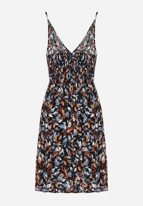 Born2be - Czarno-Niebieska Bawełniana Sukienka na Regulowanych Ramiączkach z Gumką w Talii Dimitssa. Okazja: na spacer, na imprezę. Typ kołnierza: dekolt w kształcie V. Kolor: czarny. Materiał: bawełna. Długość rękawa: na ramiączkach. Sezon: lato. Styl: elegancki