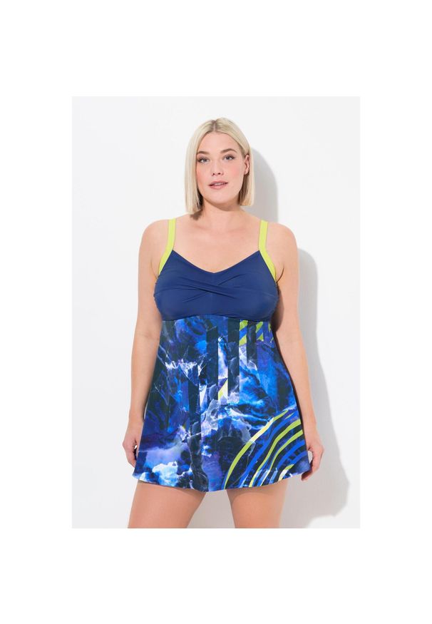 ULLA POPKEN - Damska Sukienka Kąpielowa miękkie miseczki ramiączka z regulacją. Kolekcja: plus size. Kolor: niebieski. Materiał: poliester, elastan, poliamid, materiał