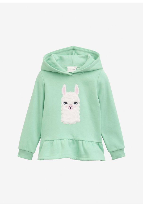 bonprix - Bluza z kapturem marki Tom Tailor z falbaną. Typ kołnierza: kaptur. Kolor: zielony. Wzór: aplikacja
