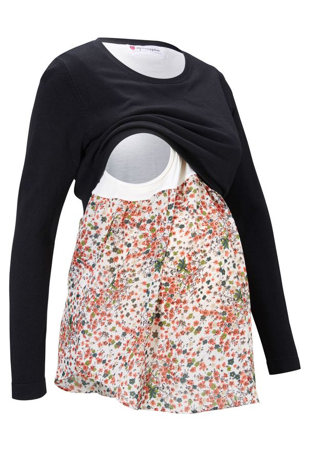 Sweter ciążowy i do karmienia piersią w optyce 2 w 1 bonprix czarny. Kolekcja: moda ciążowa. Kolor: czarny. Wzór: kwiaty