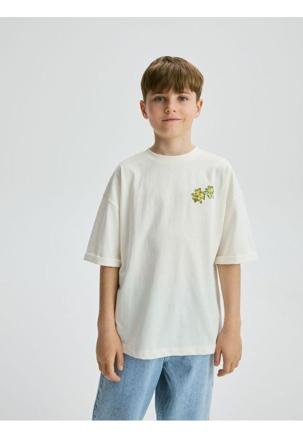 Reserved - T-shirt oversize z nadrukiem - złamana biel. Materiał: bawełna, dzianina. Wzór: nadruk