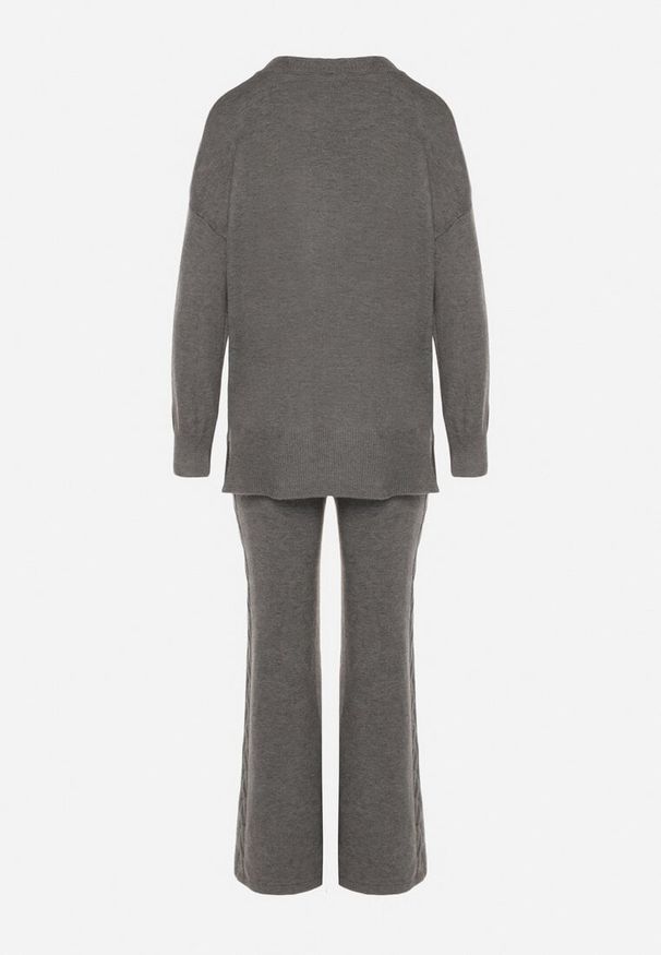 Born2be - Ciemnoszary Komplet Dzianinowy z Bawełną i Wełną Spodnie i Warkoczowy Sweter Errela. Kolor: szary. Materiał: dzianina, bawełna, wełna