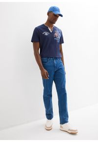 bonprix - Koszulka z czystej bawełny organicznej z dekoltem henley i krótkim rękawem. Typ kołnierza: typu henley. Kolor: niebieski. Materiał: bawełna. Długość rękawa: krótki rękaw. Długość: krótkie. Wzór: nadruk, aplikacja #2