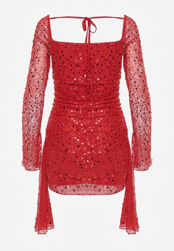 Renee - Czerwona Dopasowana Sukienka VICES Zdobiona Cekinami i Wiązaniem Alethrolphi. Okazja: na imprezę. Kolor: czerwony. Wzór: aplikacja. Styl: klasyczny, elegancki