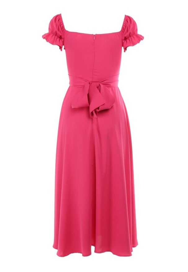 Born2be - Fuksjowa Sukienka Midi z Dekoltem Carmen i Bufiastymi Rękawkami Amarhis. Okazja: na imprezę, na co dzień. Typ kołnierza: typu carmen. Kolor: różowy. Wzór: aplikacja. Typ sukienki: proste. Długość rękawa: krótki rękaw. Sezon: lato. Styl: elegancki, casual, klasyczny. Długość: midi