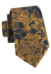 Krawat Męski - Kwiaty w Odcieniach Złota i Granatu - Alties. Kolor: żółty, złoty, wielokolorowy. Materiał: tkanina. Wzór: kwiaty. Styl: wizytowy, elegancki #1