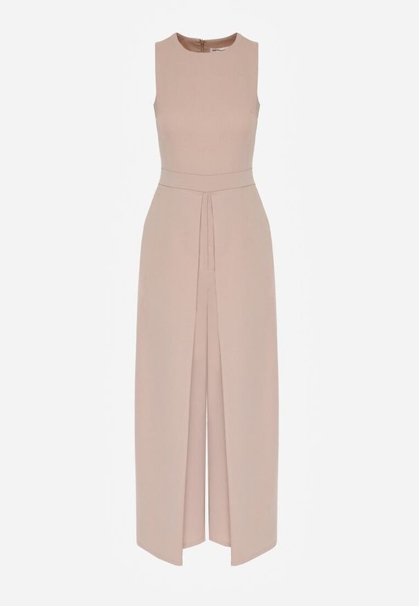 Born2be - Beżowy Elegancki Kombinezon z Ozdobnymi Zakładkami Zellysha. Okazja: na co dzień, na spotkanie biznesowe. Kolor: beżowy. Wzór: ażurowy, aplikacja. Styl: elegancki