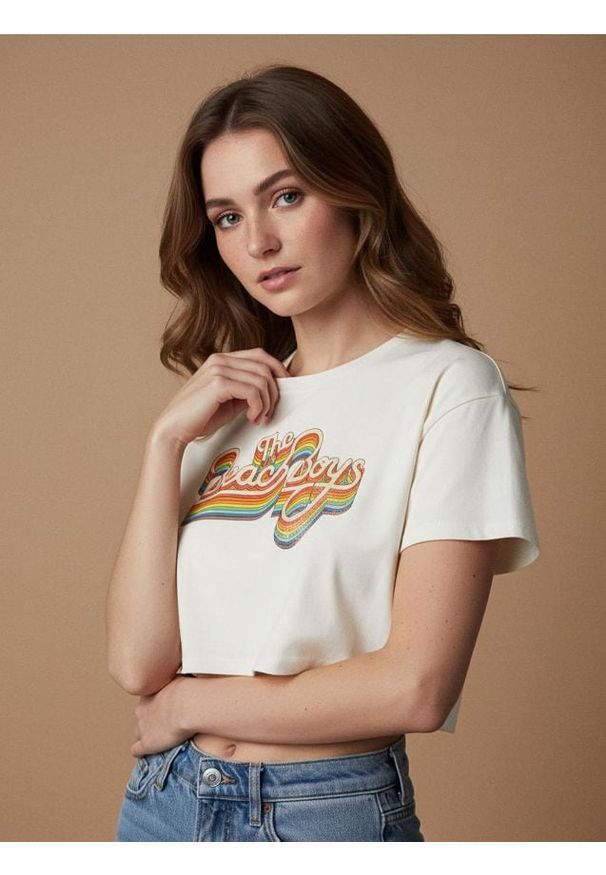 Sinsay - Bawełniana koszulka z nadrukiem The Beach Boys - kremowy. Kolor: kremowy. Materiał: bawełna. Wzór: nadruk