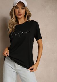 Renee - Czarny Bawełniany T-shirt Zdobiony Haftowanym Napisem z Cekinami Ulionis. Kolor: czarny. Materiał: bawełna. Wzór: aplikacja, napisy, haft. Styl: klasyczny, elegancki #3