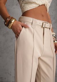 Renee - Beżowe Spodnie High Waist o Fasonie Cygaretek z Paskiem ze Sprzączką Glaclea. Stan: podwyższony. Kolor: beżowy. Styl: elegancki #5