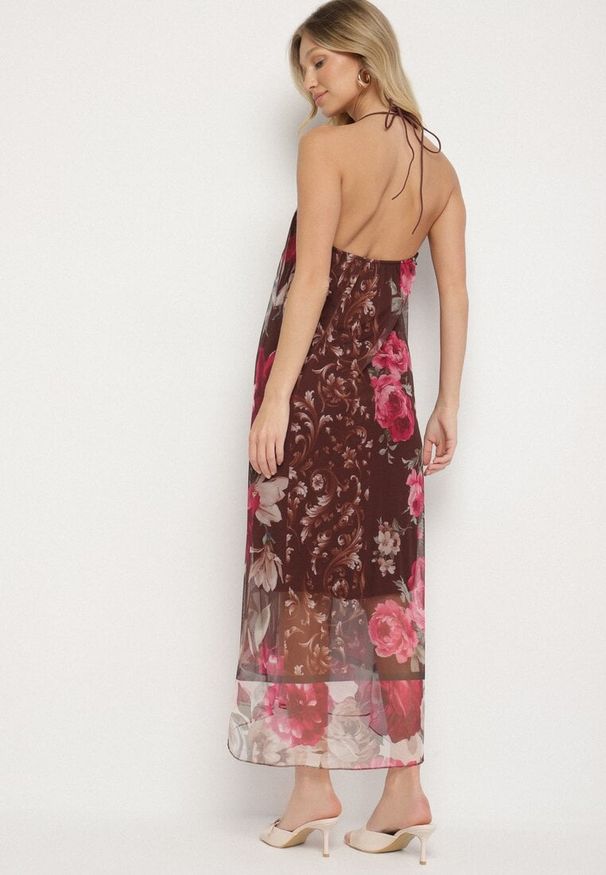 Born2be - Brązowa Siateczkowa Sukienka z Wiskozą w Kwiatowy Wzór Izaleira. Okazja: na imprezę, na co dzień. Kolor: brązowy. Materiał: wiskoza. Wzór: kwiaty. Sezon: lato. Styl: casual, elegancki