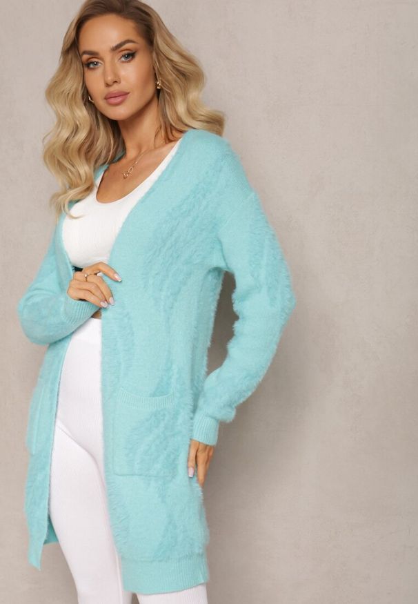 Renee - Miętowy Luźny Kardigan Niezapinany z Dłuższym Włosiem Karsta. Kolekcja: plus size. Kolor: miętowy. Materiał: dzianina. Długość: długie