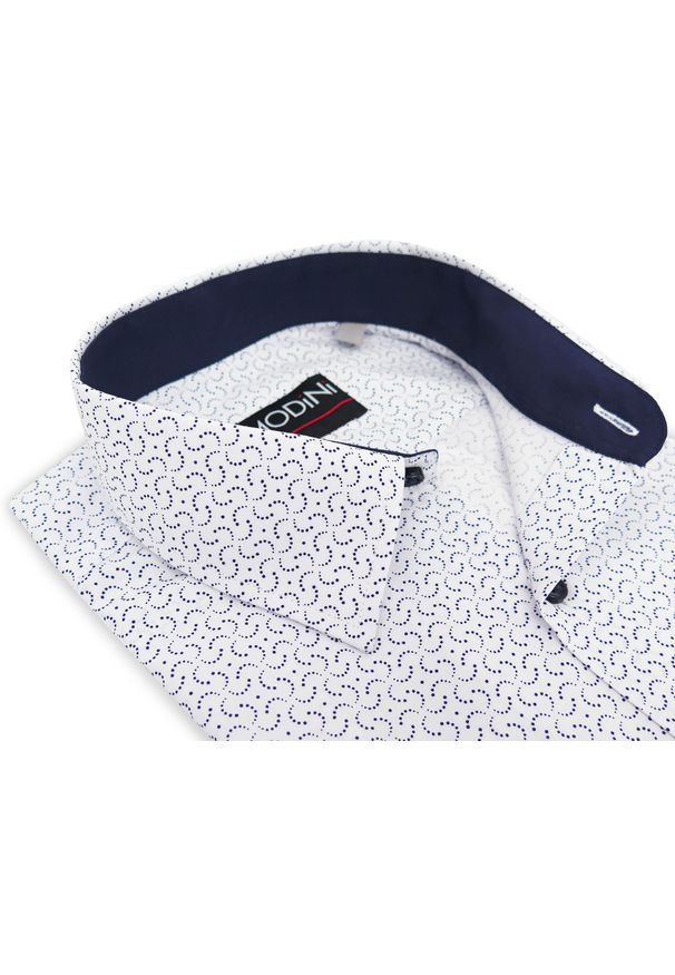 Modini - Biała koszula męska z krótkim rękawem we wzór MK27. Kolor: biały. Materiał: bawełna, poliester, tkanina. Długość rękawa: krótki rękaw. Długość: krótkie. Styl: klasyczny