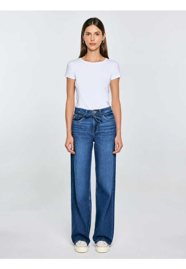 Big-Star - Jeansy damskie z szeroką nogawką granatowe Atrea 514. Kolor: niebieski. Styl: elegancki