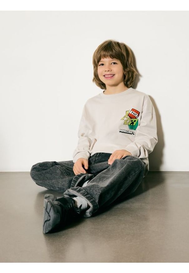 Reserved - Longsleeve Minecraft - jasnoszary. Kolor: szary. Materiał: bawełna, dzianina. Długość rękawa: długi rękaw