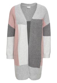 Długi sweter bez zapięcia "colorblocking" bonprix szaro-jasnoróżowy wzorzysty. Kolor: szary. Długość: długie. Wzór: aplikacja #1